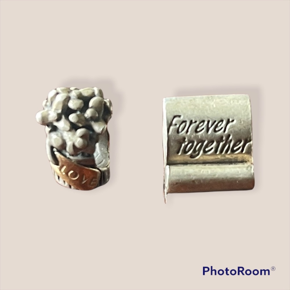 Pandora Charm Forever Together Sterling Silver Scroll 14K Love Bouquet set of 2
